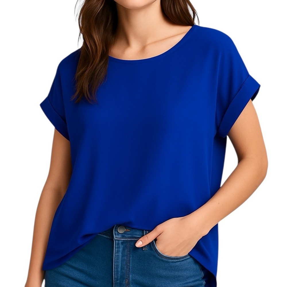 Pleione Royal Blue Blouse Size L Hi-Low Pleated Back Work to Weekend